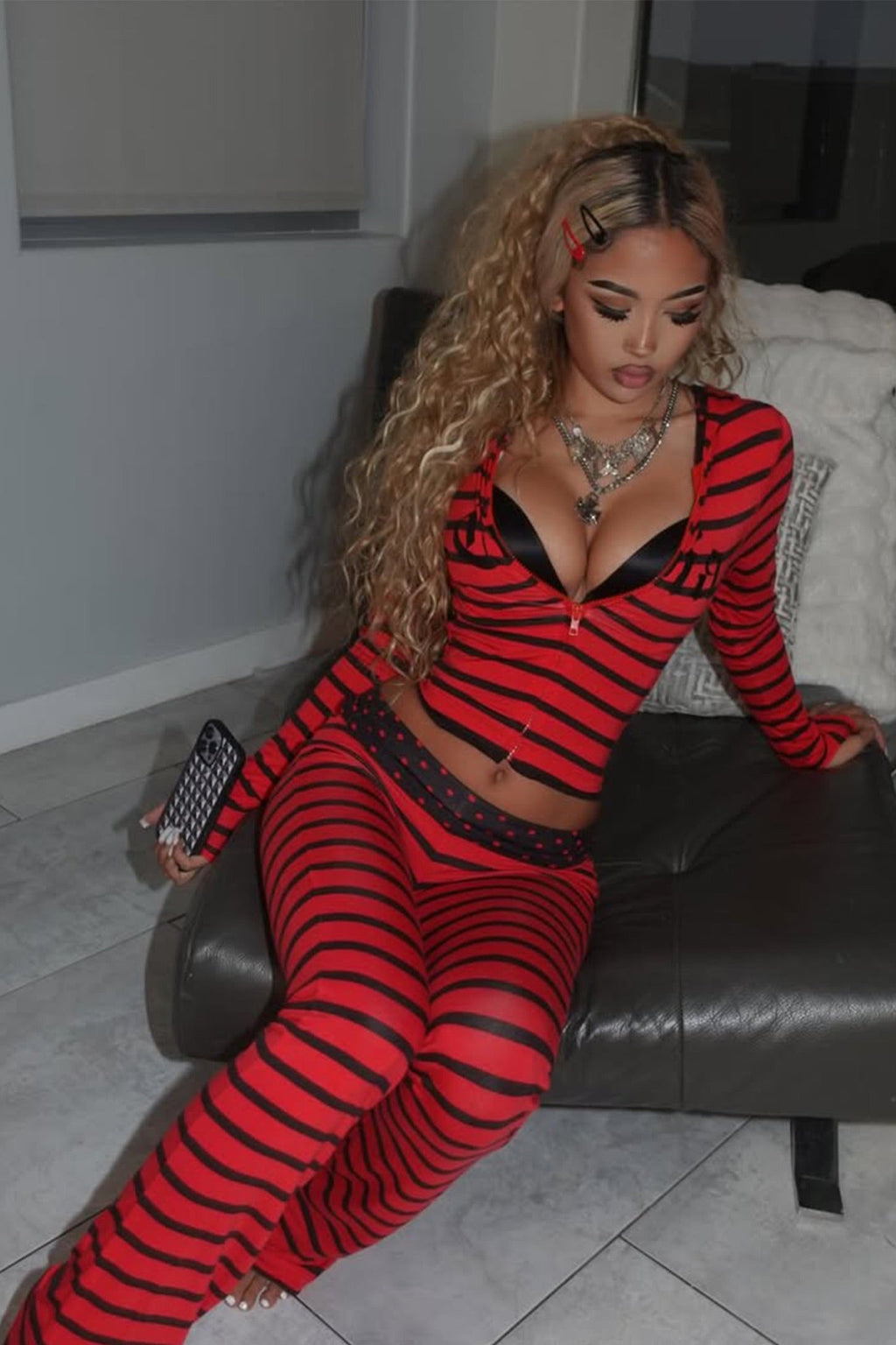 BLARE FOLDOVER TRACKPANT - RED AND BLACK STRIPE