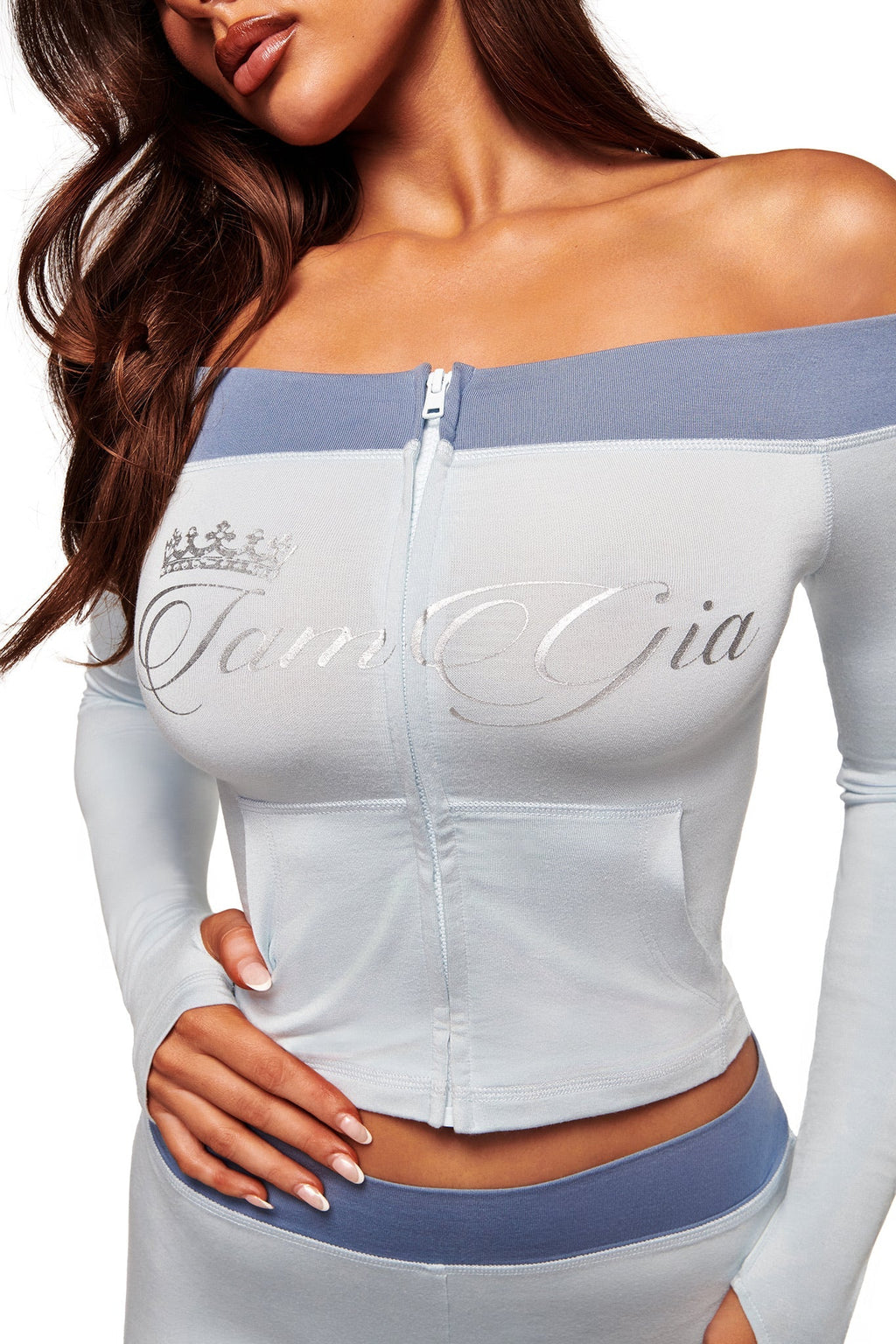 BLARE OFF SHOULDER TOP - TWO TONE POWDER BLUE