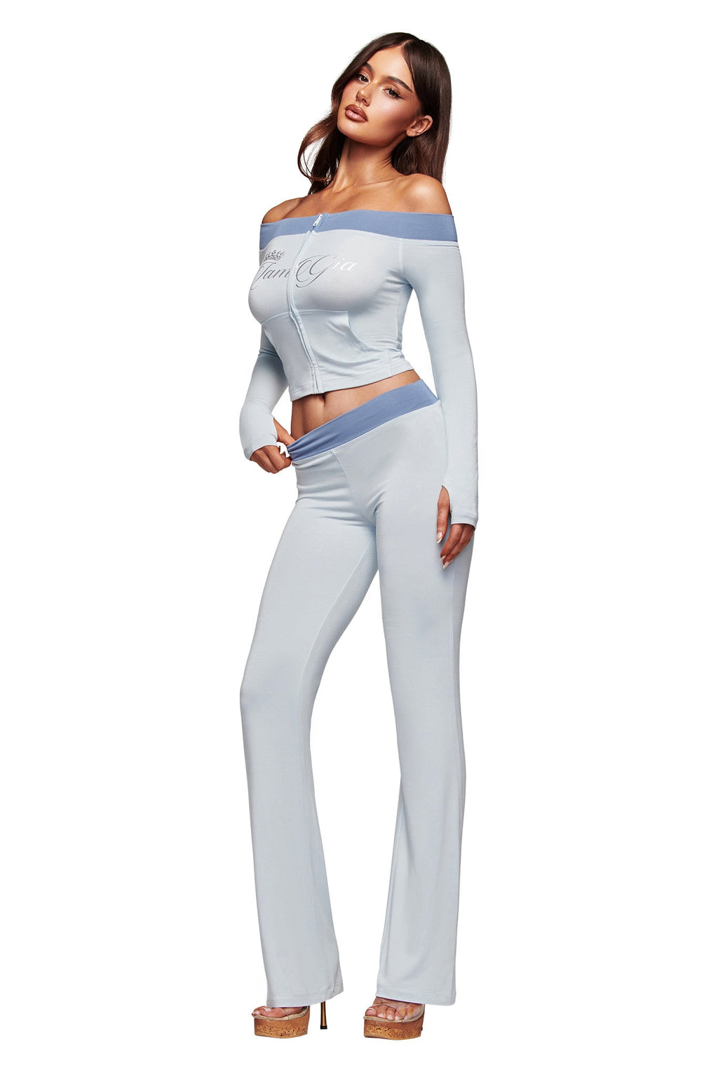 BLARE OFF SHOULDER TOP - TWO TONE POWDER BLUE